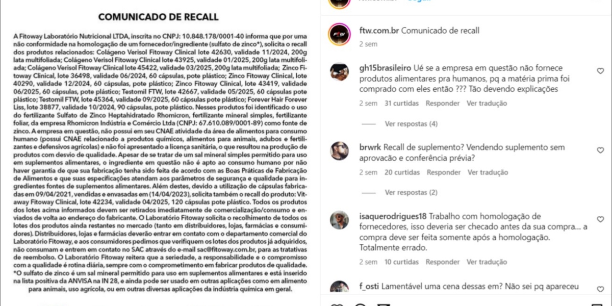 Comunicado de recall da Fitoway após determinação da Anvisa (Foto: Reprodução/Instagram)