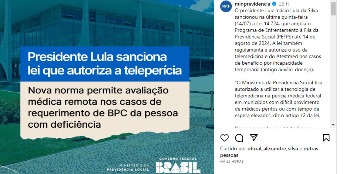 Comunicado do INSS sobre a Lei sancionada (Reprodução: Instagram)