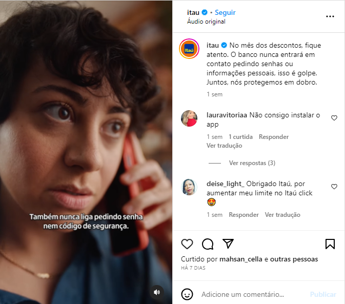 Itaú emite comunicado e alerta clientes - Foto: Reprodução/Instagram