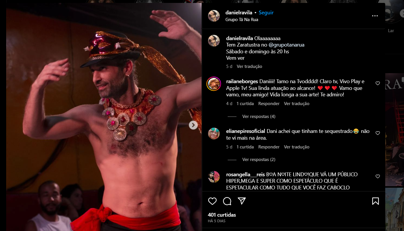 Divulgação do último trabalho de Daniel Ávila, o Dudu de A Viagem, pelas redes sociais (Foto Reprodução/Instagram)