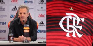 Landim faz anúncio sobre SAF no Flamengo (Reprodução: Montagem TV Foco)