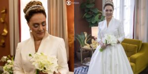 Vestido de noiva de Agatha em Terra e Paixão (Foto: Reprodução / Globo / Montagem TV Foco)