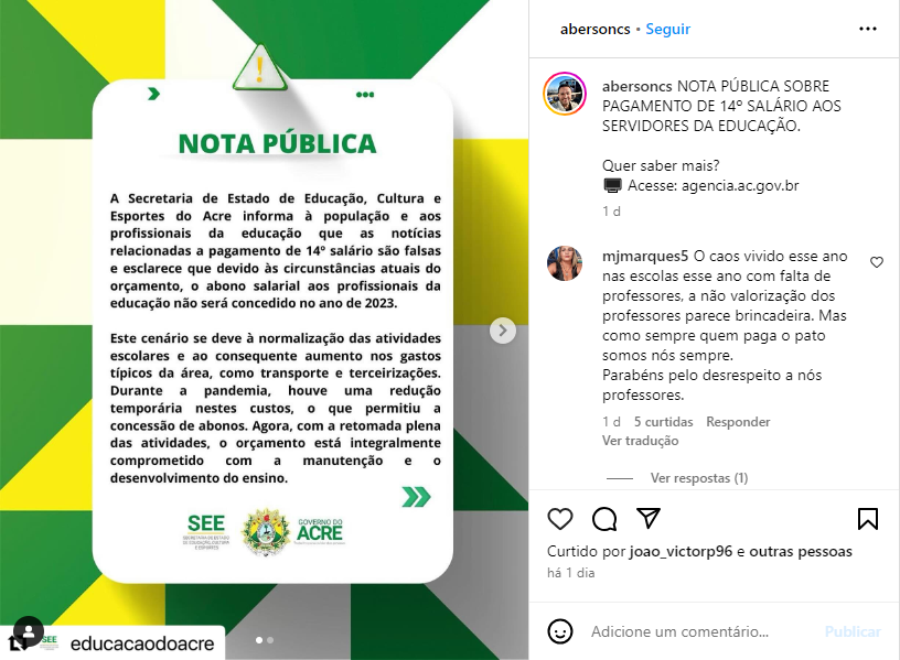 Nota de esclarecimento sobre o pagamento do abono - Foto: Instagram