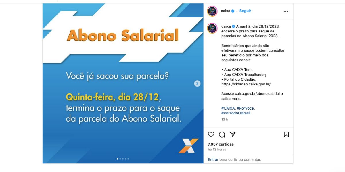 Abono salarial da Caixa (Foto: Reprodução / Instagram)