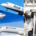 Aviões Azul, Gol e Latam, e pessoa com malas em aeroporto (Fotos: Reproduções / Internet / Freepik)