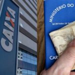 Caixa e pessoa segurando carteira de trabalho e notas de cinquenta reais (Fotos: Reproduções / Internet)