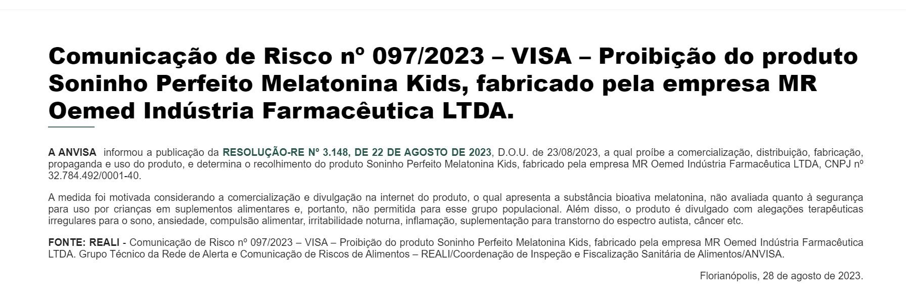 Proibição da Anvisa contra o produto Soninho Perfeito, da empresa MR Oemed Indústria Farmacêutica (Foto Reprodução/ANVISA)