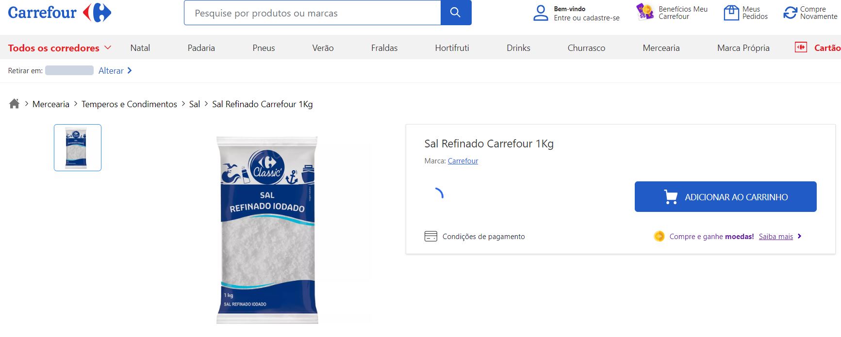 Sal do Carrefour sendo vendido no site oficial do mercado (Foto Reprodução/Carrefour)