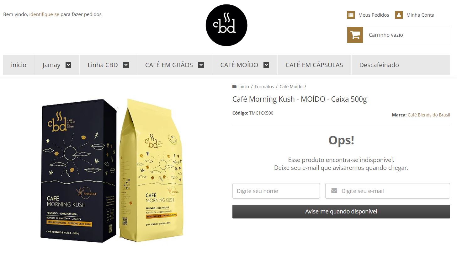 Produto indisponível no site oficial da CBD Café Brasil (Foto Reprodução/Internet)