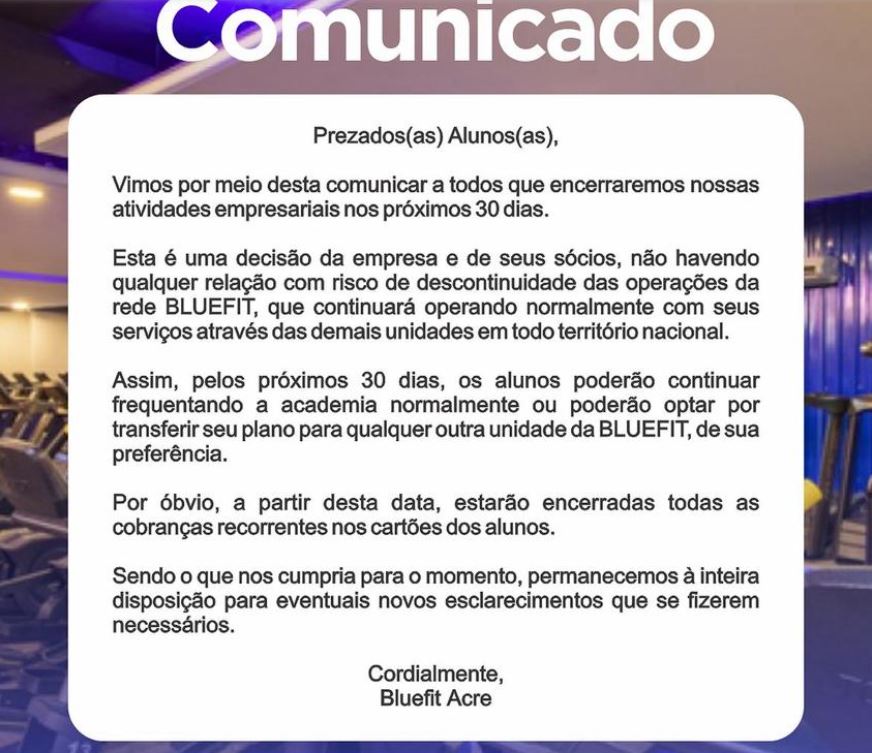 Comunicado da Bluefit (Foto Reprodução/Instagram)