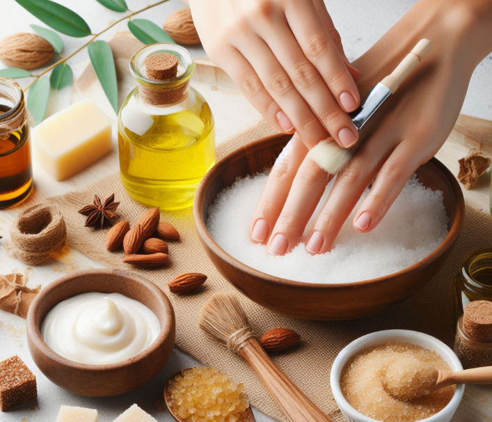 Misturinha fácil de fazer vai apenas 3 ingredientes: óleo de argan , açúcar e um creme hidratante para as mãos da sua preferência (Foto Reprodução/Bing IA)