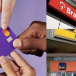 Clientes segurando cartão do Nubank, agência do Bradesco, Banco do Brasil e Itaú (Fotos: Reproduções / Internet)