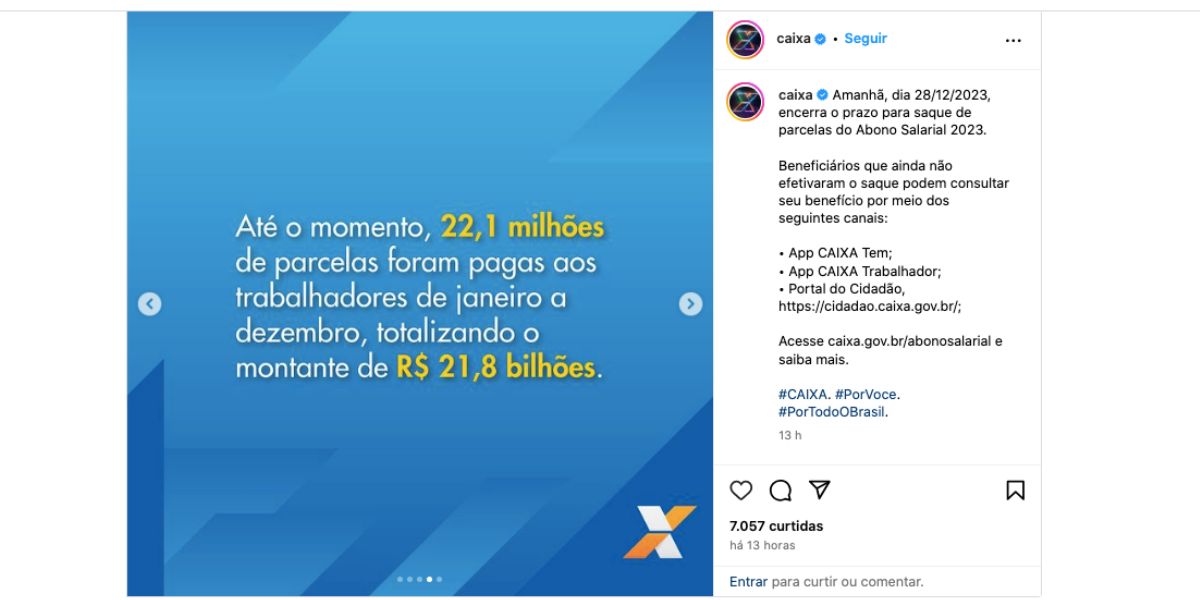 Comunicado da Caixa Econômica Federal (Foto: Reprodução / Instagram)