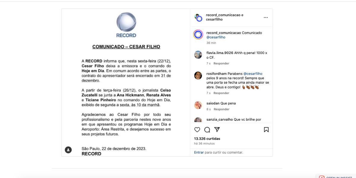 Comunicado da Record sobre saída de César Filho (Foto: Reprodução / Instagram) 