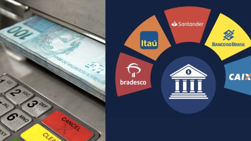 Dinheiro em caixa eletrônico e logo de bancos, Bradesco, Itaú, Santander, Banco do Brasil e Caixa (Fotos: Reproduções / Internet)