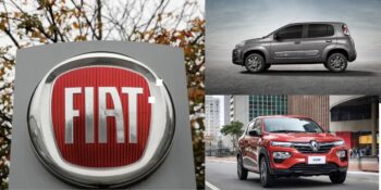 Logo da Fiat, modelo Uno e Kwid (Fotos: Reproduções / Internet / montadoras)