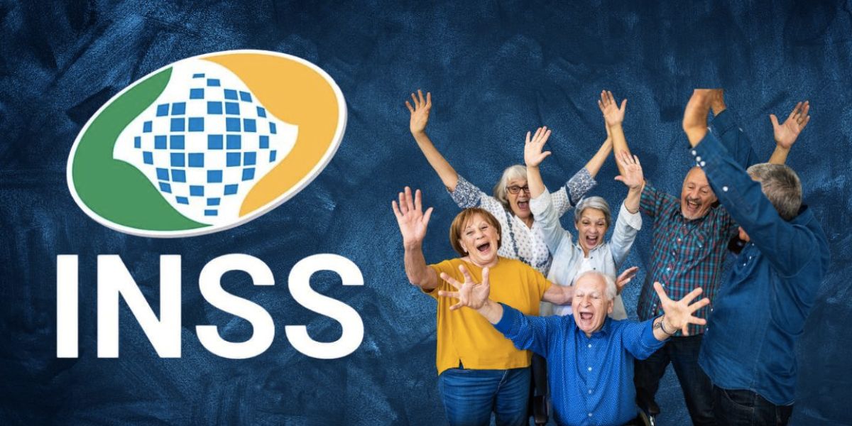 Logo do INSS e aposentados celebrando (Fotos: Reproduções / Internet / Freepik)