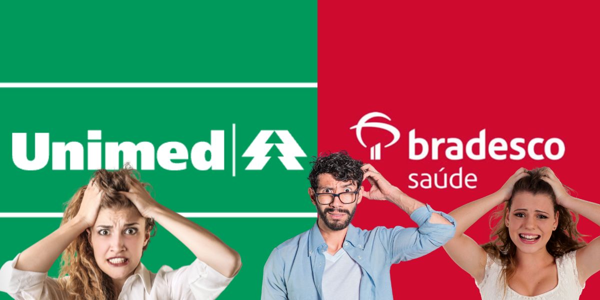 Logo da Unimed e do Bradesco Saúde, e clientes desesperados - Foto Reprodução Internet