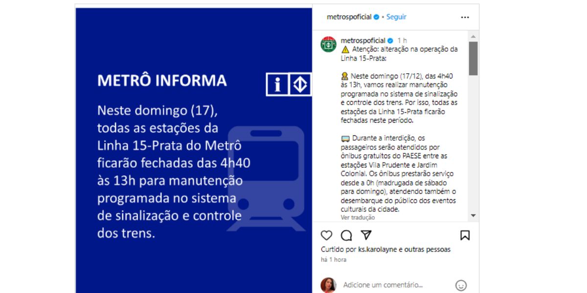 Metrô de SP anuncia paralisação nas redes sociais - Foto: Reprodução