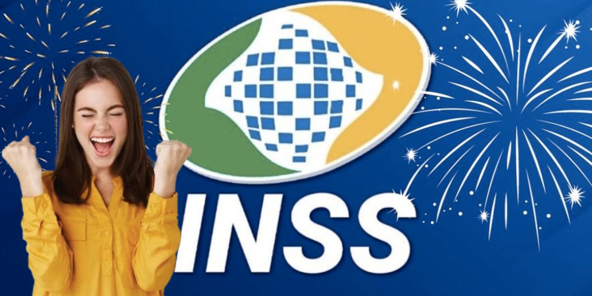 Mulher celebrando e logo do INSS (Fotos: Reproduções / Internet / Freepik)