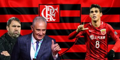 Oscar, Tite e Coudet, e bandeira do Flamengo - Foto Reprodução Internet