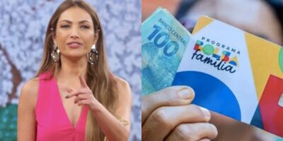 Patrícia Poeta no Encontro e mulher segurando cartão do Bolsa Família e notas de cem reais (Fotos: Reproduções / Globo / Redes sociais)