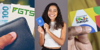 Pessoa segurando carteira com notas de cem reais e cartão do FGTS, mulher segurando carteira de trabalho e brasileiro com cartão do Bolsa Família (Fotos: Reproduções / Internet / Freepik / Roberta Aline / MDS)