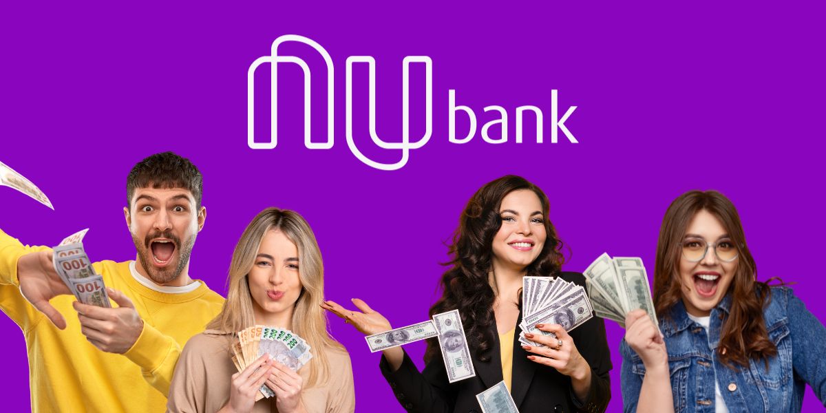 Pessoas com dinheiro e logo do Nubank - Foto Reprodução Internet