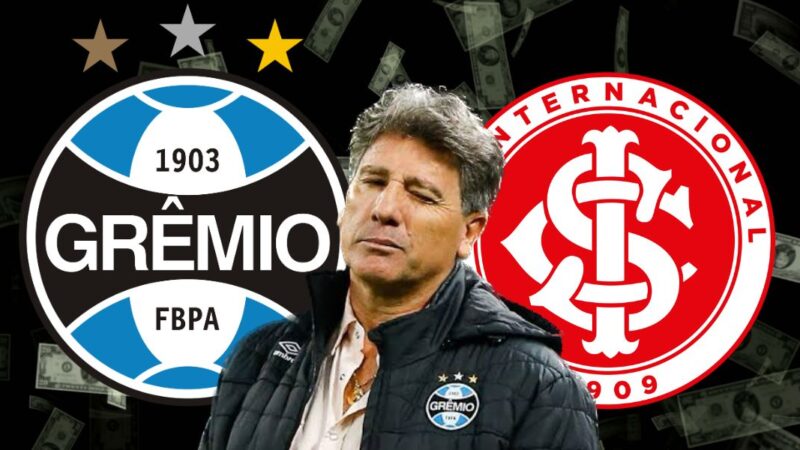 Renato Gaúcho e e escudos do Grêmio e Internacional (Foto - Montagem TV Foco).