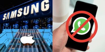 Samsung, Apple e pessoa segurando celular com aplicativo do WhatsApp (Fotos: Reproduções / Internet)