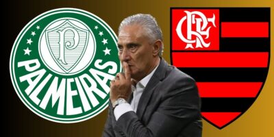 Tite e escudos do Palmeiras e Flamengo (Foto - Montagem TV Foco).