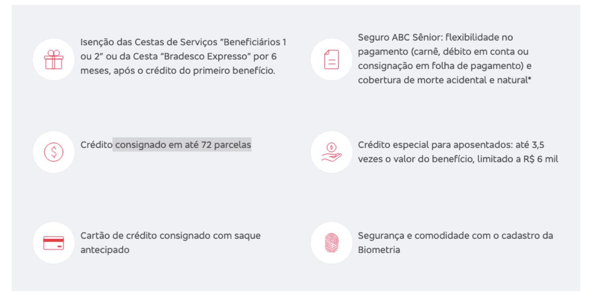 Vantagens do Bradesco para beneficiários do INSS (Foto: Reprodução / site oficial)