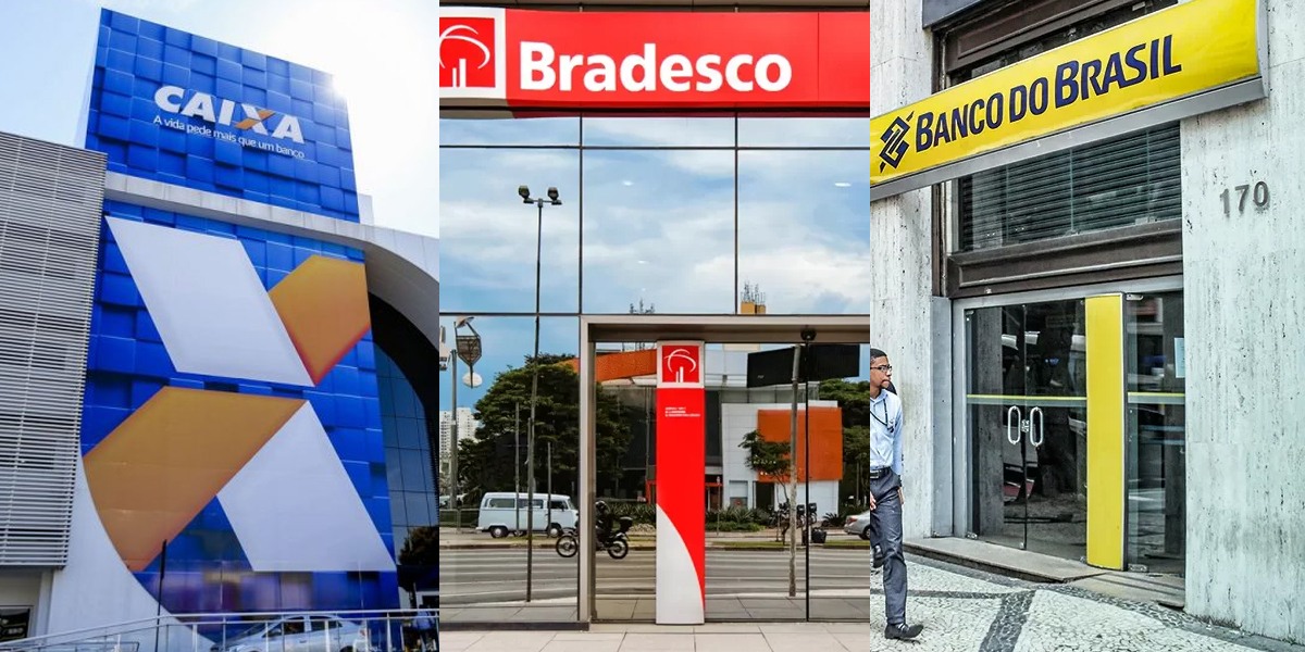 Bancos: Caixa, Bradesco e Banco do Brasil (Foto: Reprodução, Montagem - TV Foco)