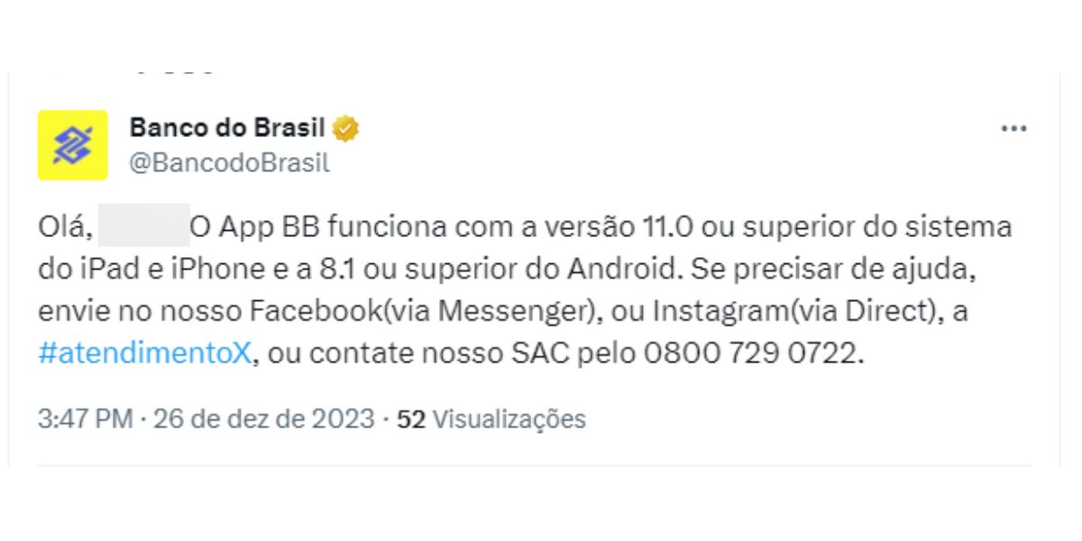 Aviso do Banco do Brasil sobre o funcionamento do aplicativo (Reprodução: X)