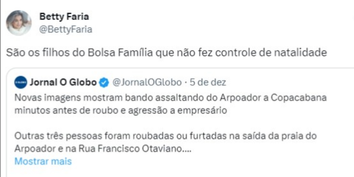 Post de Betty Faria sobre o Bolsa Família (Foto: Reprodução/X)