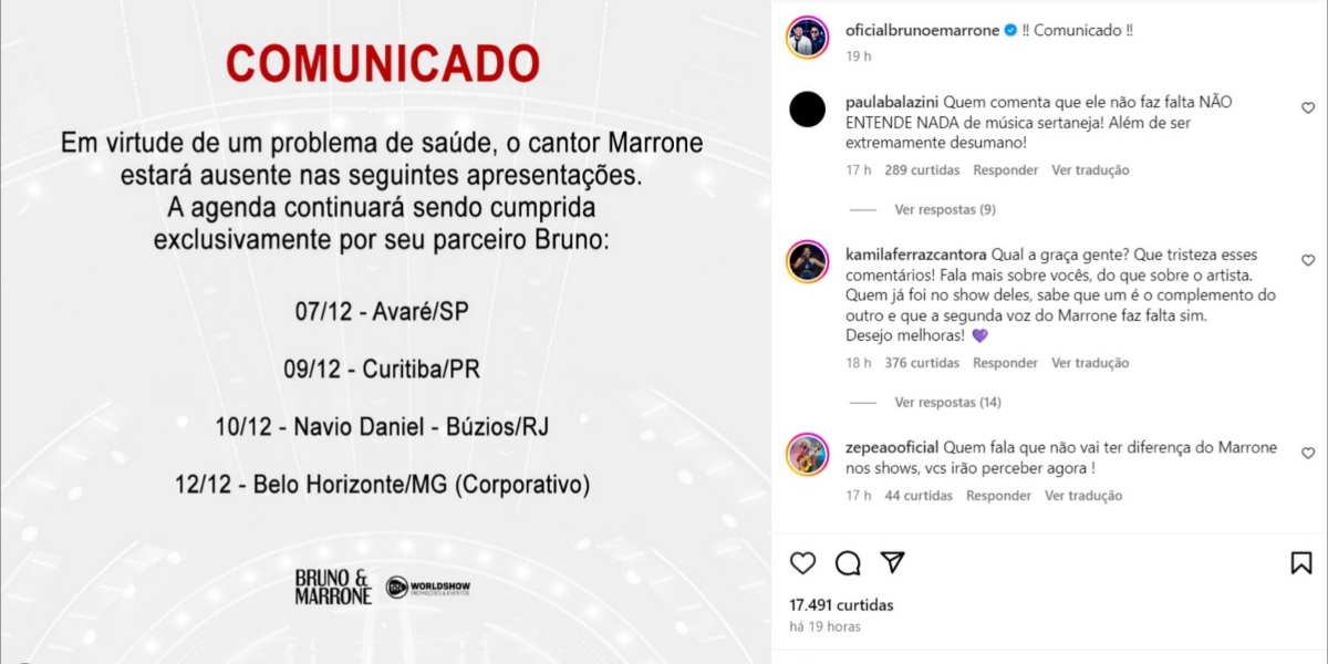 Nota da assessoria de Bruno e Marrone (Foto: Reprodução/Instagram)