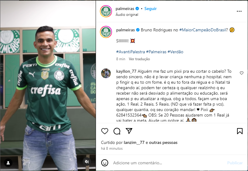 Palmeiras fecha contrato com Bruno Rodrigues - Foto: Instagram