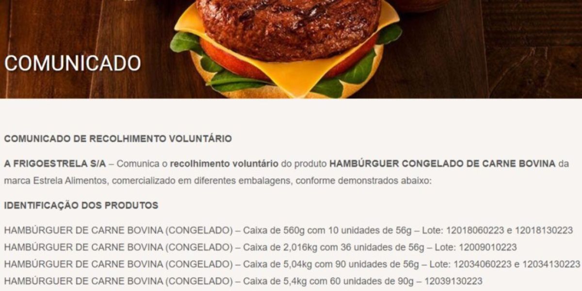 Comunicado oficial da Estrela Alimentos sobre produtos recolhidos (Reprodução: Internet)