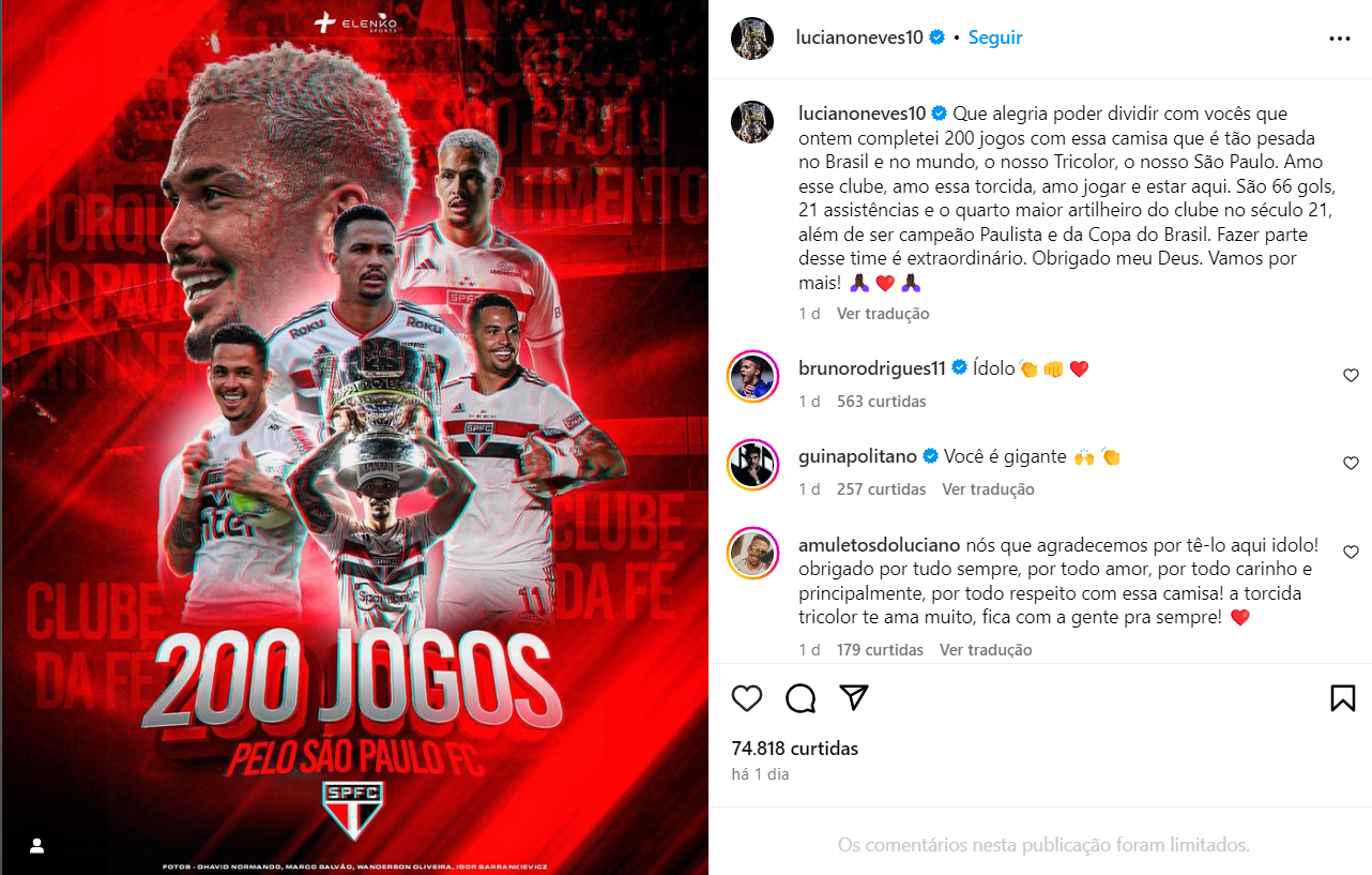 Luciano comemora 200 jogos vividos no São Paulo - (Foto: Reprodução / Internet)