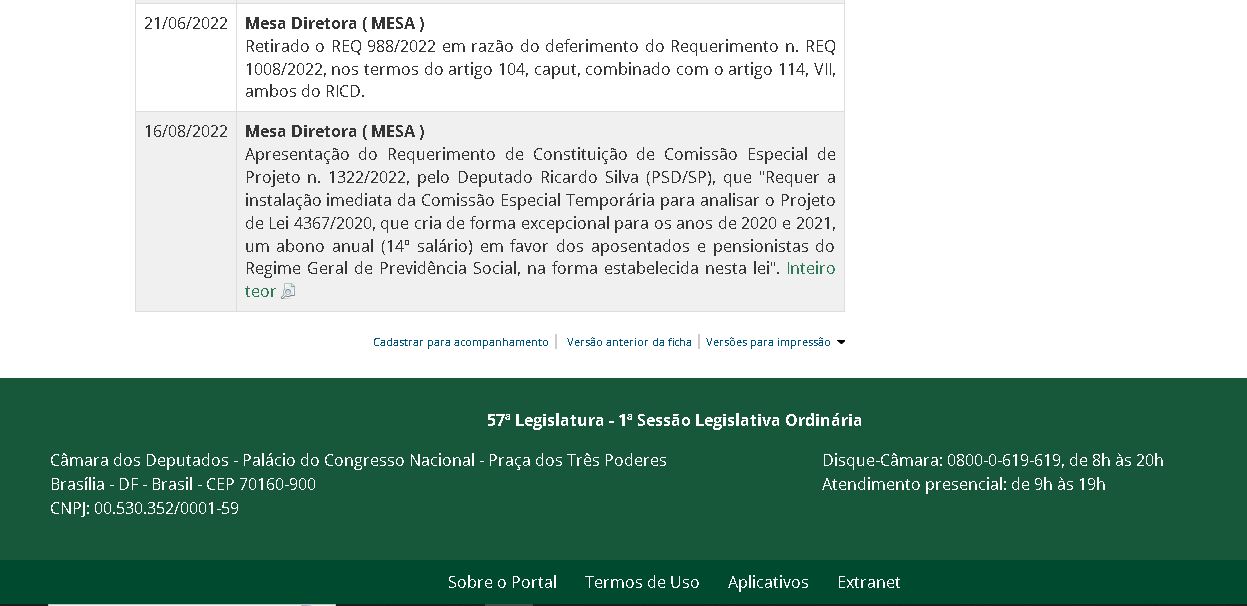 Portal da Câmara dos Deputados fez a última atualização no PL do 14° salário do INSS em 2022 (Foto: Reprodução/ Internet)