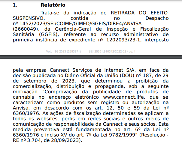 Trecho da decisão da Anvisa - Foto: Internet