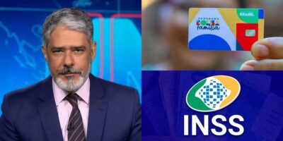 William Bonner e anúncios sobre INSS e Bolsa Família (Reprodução: Montagem TV Foco)