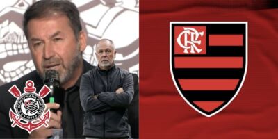 Augusto e Mano Menezes do Corinthians e escudo do Flamengo (Reprodução/Montagem TV Foco)