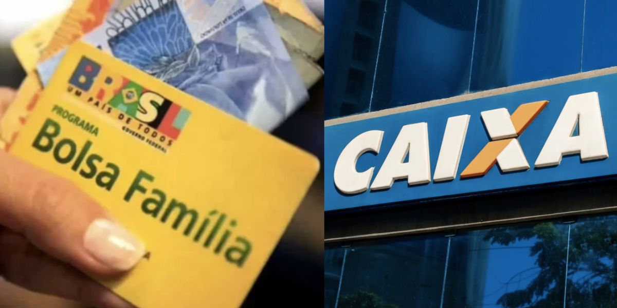 Beneficiário do Bolsa Família segurando cartão e notas, e agência da Caixa (Fotos: Reproduções / Intenret)