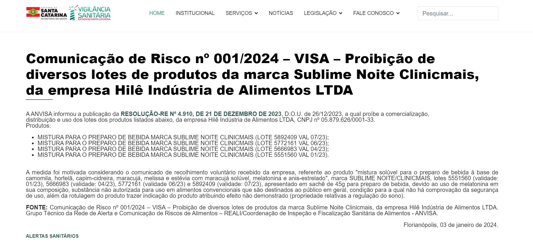 Nota de proibição da ANVISA contra marca de mistura para bebidas da ClinicMais (Foto Reprodução/Vigilância Sanitária)