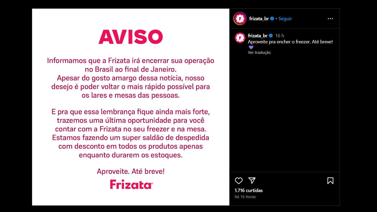 Comunicado oficial da Frizata nas redes sociais oficiais da marca (Foto Reprodução/Instagram)