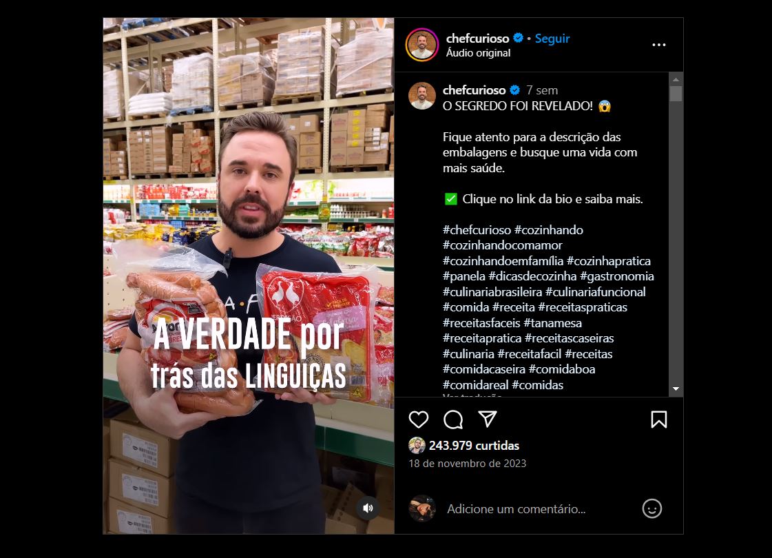 Vídeo do Chef Davi Laranjeiras sobre marcas de linguiça tipo calabresa como Aurosa, Sadia, e Perdigão (Foto Reprodução/Instagram)