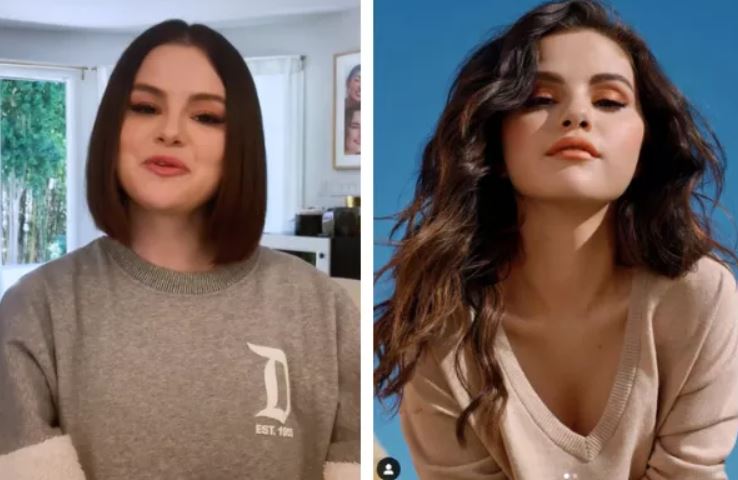 Selena Gomez com o visual do Blunt Bob, antes e depois do corte (Foto: Reprodução/TikTok; Reprodução/Instagram)