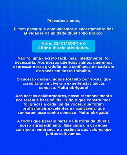 Comunicado do franqueado da Bluefit (Foto Reprodução/G1)