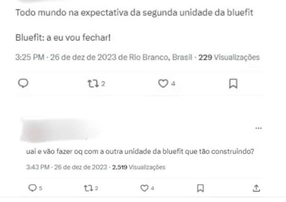 Alunos se escandalizaram com o fim da unidade da Bluefit em meio às expectativas de uma nova unidade (Foto Reprodução/X/G1)